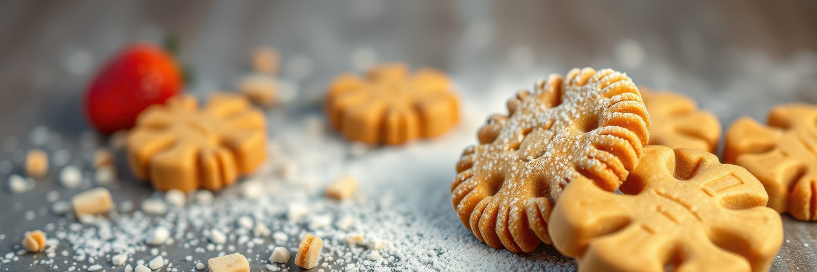Cookies arranged on a wooden surface with powdered sugar and a decorative cherry for an inviting dessert display